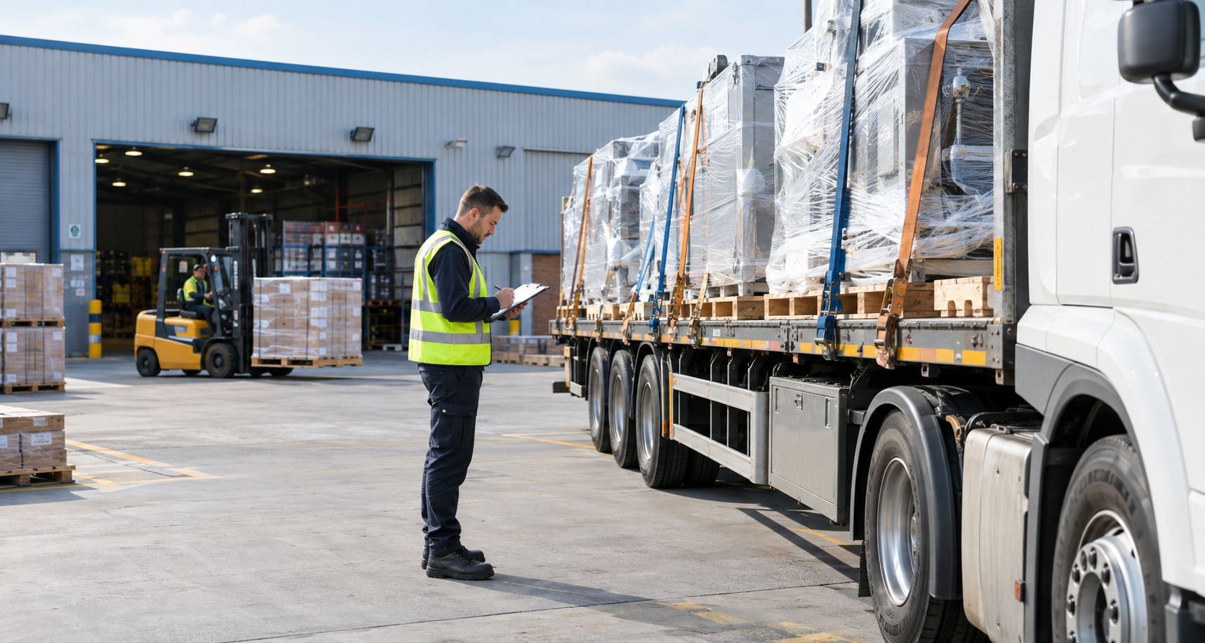Logistics coordinator checking heavy goods courier shipment before UK delivery