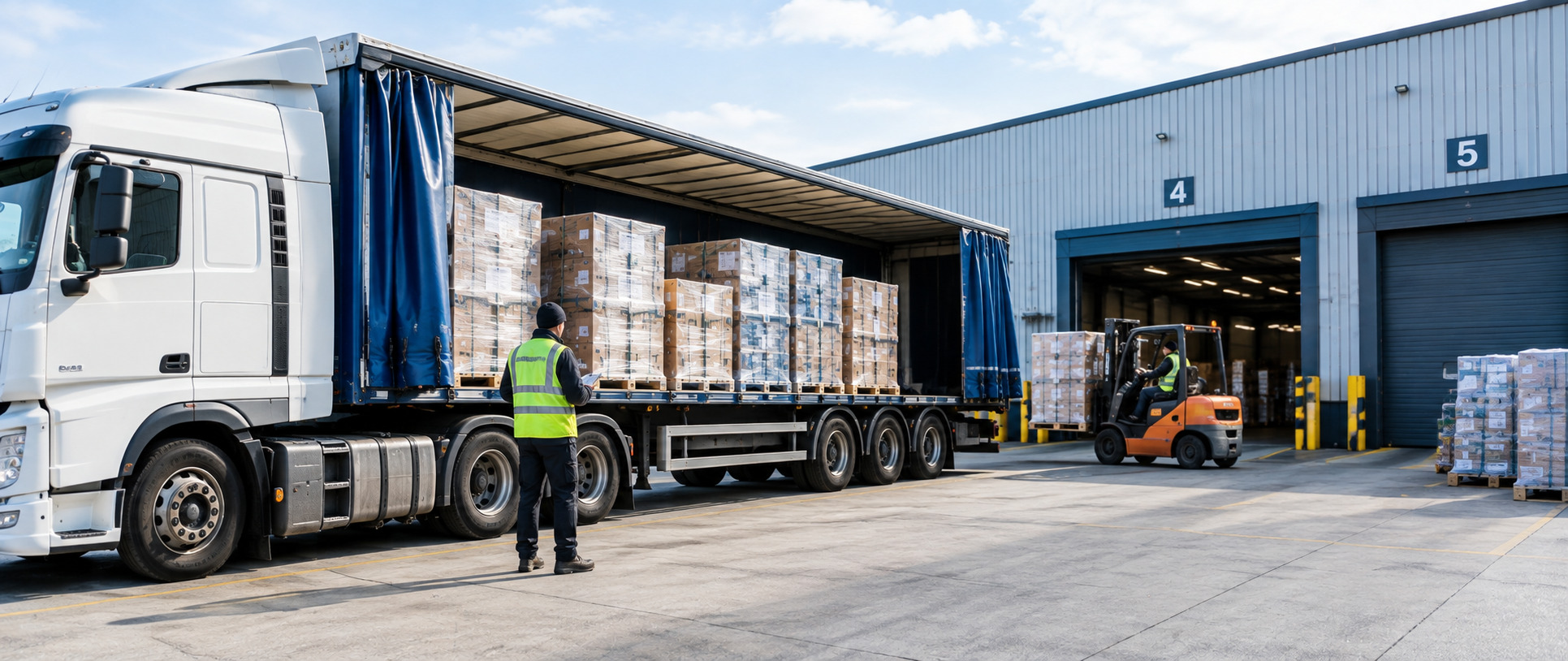 Freight truck being loaded with pallets for same day delivery across the UK